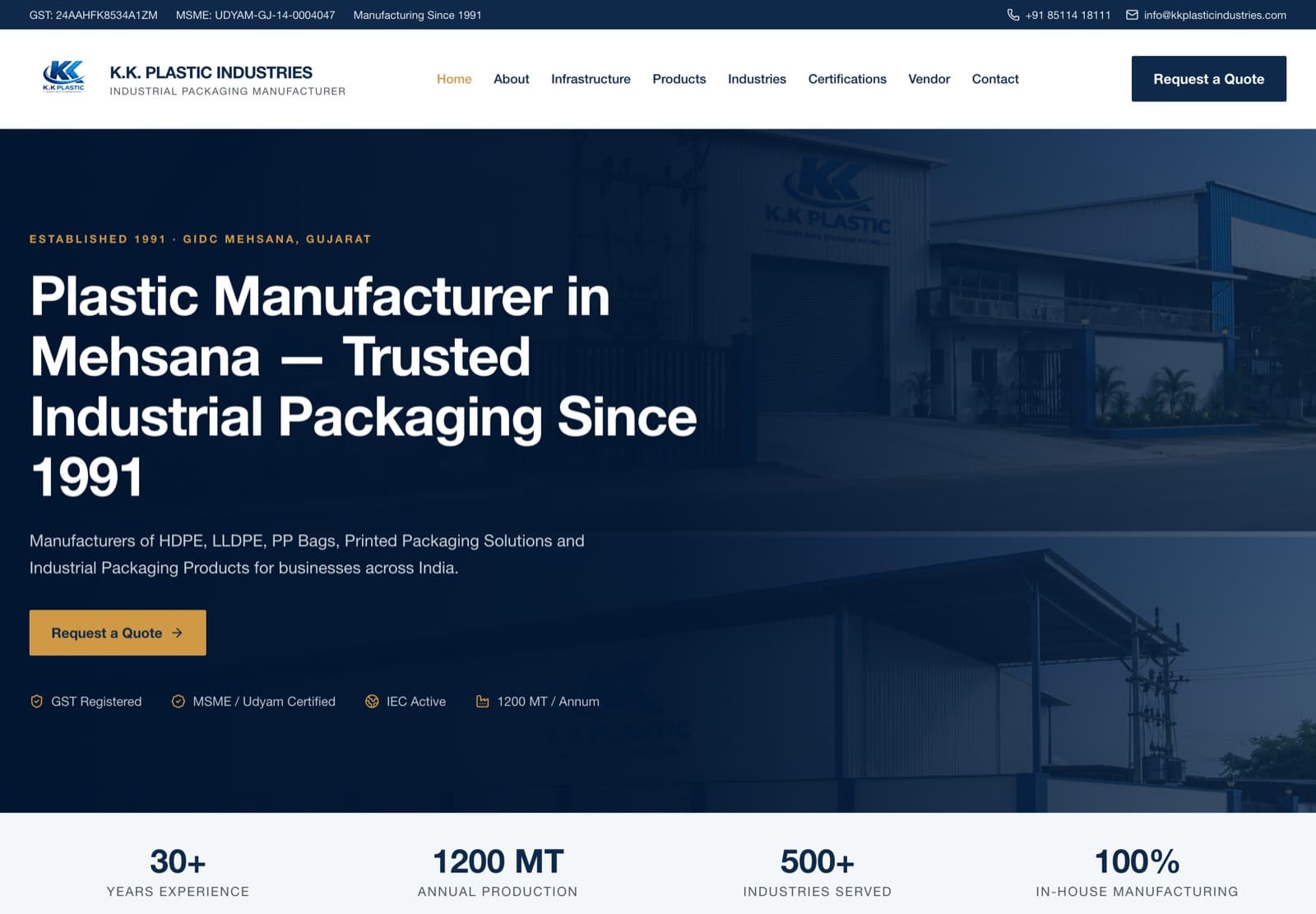 The K.K. Plastic Industries website built by Devigo